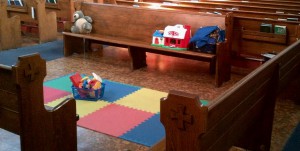 Pews turned round to make a child-friendly space in church